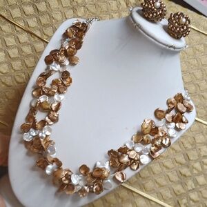 Keshi pearls necklace Brown and white paired with vintage earrings